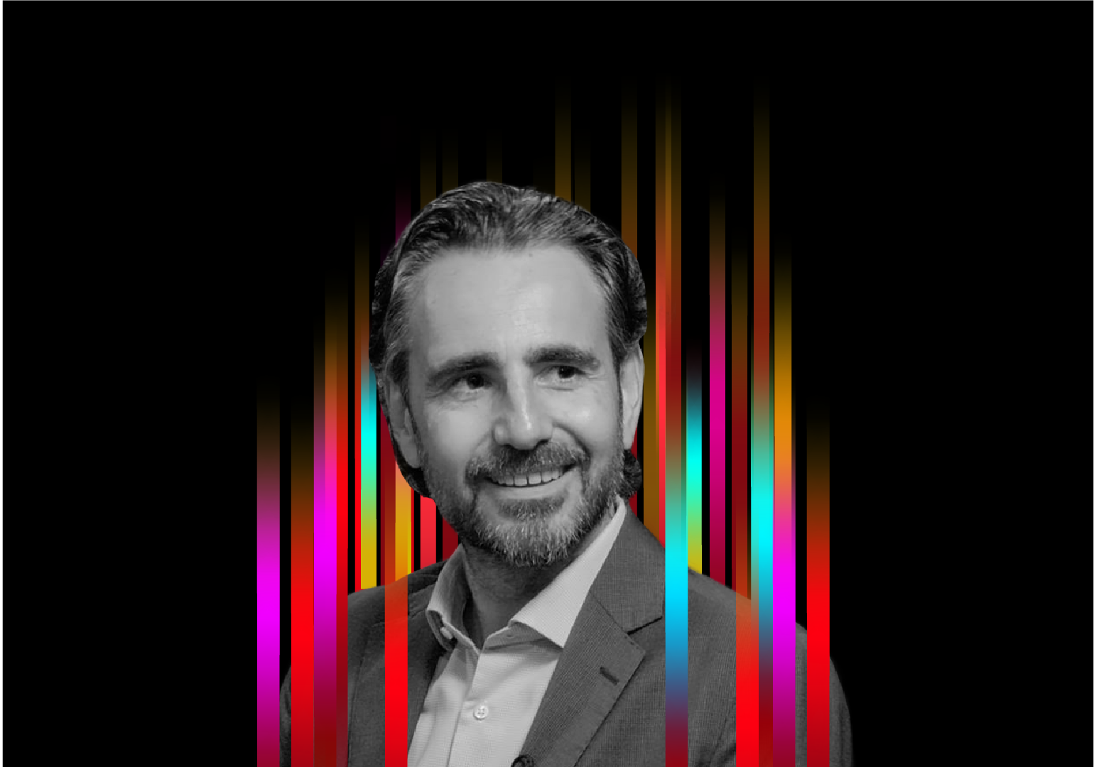 On the middle of a black background is a row of colourful vertical stripes’. In the centre is a black and white profile photo of TEDx speaker Eric Lonergan superimposed on top.