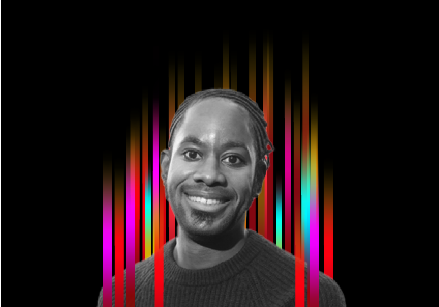 On the middle of a black background is a row of colourful vertical stripes’. In the centre is a black and white profile photo of TEDx speaker Jason Ardey superimposed on top.