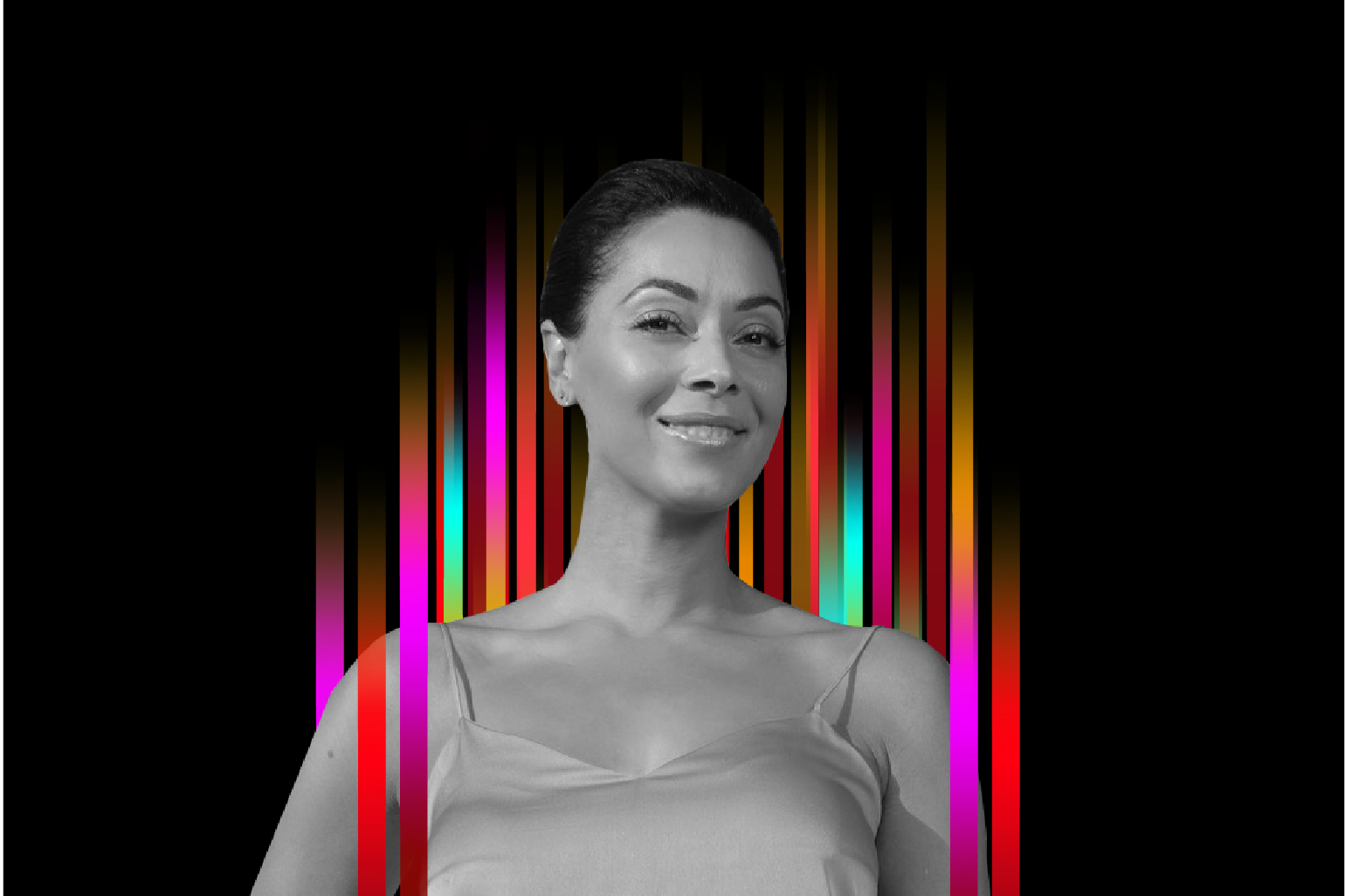 On the middle of a black background is a row of colourful vertical stripes’. In the centre is a black and white profile photo of TEDx speaker Jessica Huie superimposed on top.