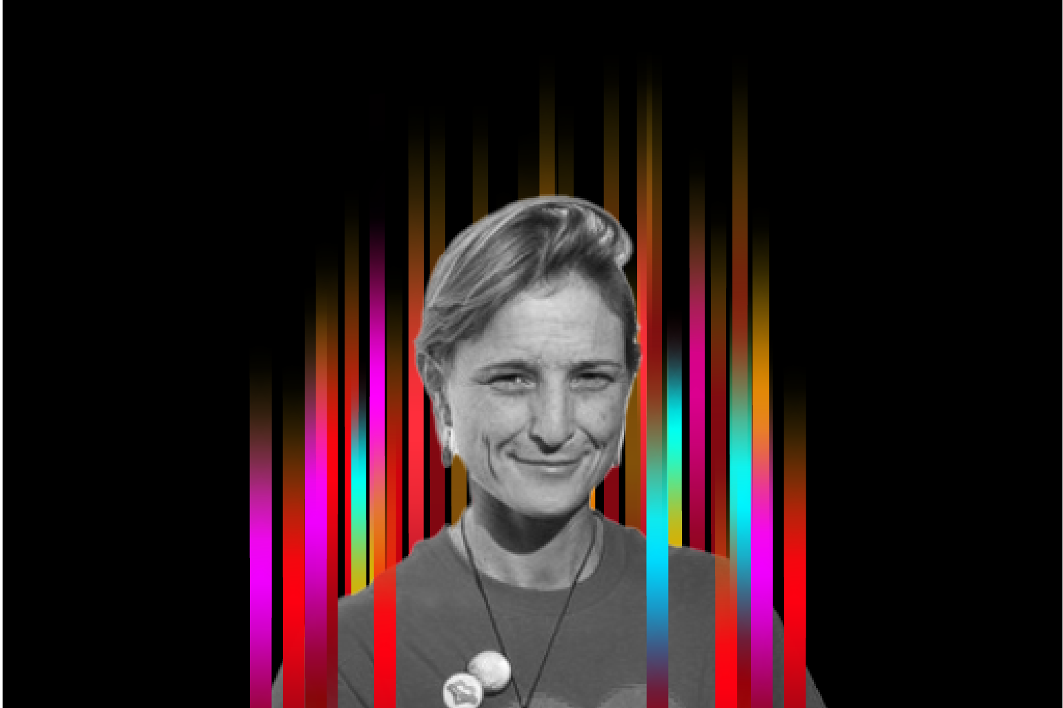 On the middle of a black background is a row of colourful vertical stripes’. In the centre is a black and white profile photo of TEDx speaker Sophie Lodge superimposed on top.