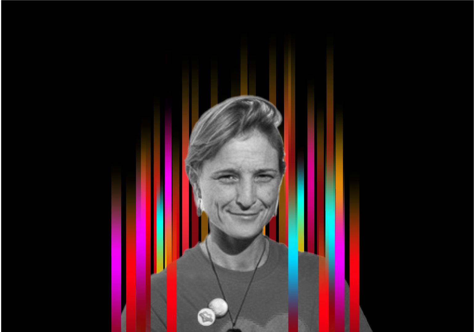 On the middle of a black background is a row of colourful vertical stripes’. In the centre is a black and white profile photo of TEDx speaker Sophie Lodge superimposed on top.